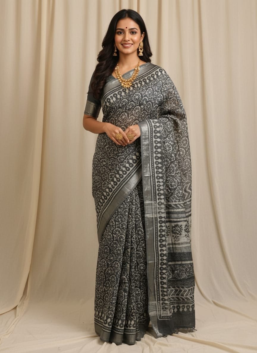 Hand Block Printed Linen Saree with Blouse